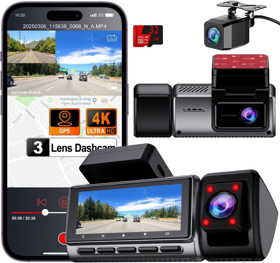 Dash Cam Front and Rear, 4K/2.5k Full HD 3 Channel Dash Camera for Car, Included 32G Card Dashcam, Built-in WiFi GPS, App Control, 3.18 IPS Screen, Night Vision, Wide Angle, WDR, 24H Parking Mode