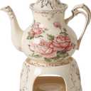 Vintage Ceramic Tea Pot, Heatable with Warmer, Decor for Party, Camping or Wedding, 25 oz/ 2 Cup, White with Pink Roses & Gold Trim