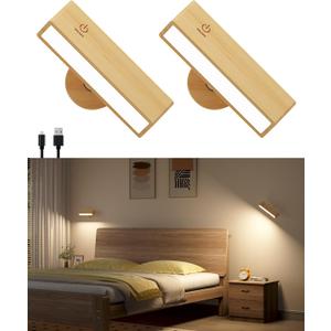 Battery Operated Wall Sconces Set of 2,Rechargeable Wall Lights Wood,Stick On Wall Lights for Bedroom,Wall Mounted Bedside Reading Lamps Dimmable,Battery Powered Wall Lamp for Bedroom