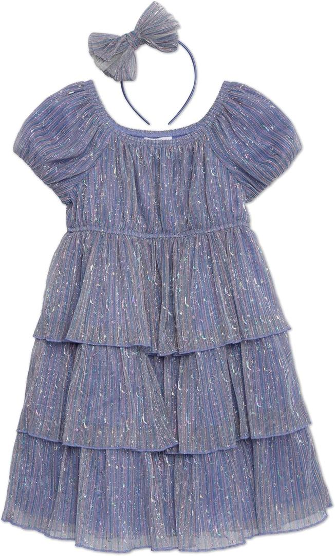 Speechless Girls' Short Sleeve Tiered Party Dress and Headband (5, Blue/Lavender)