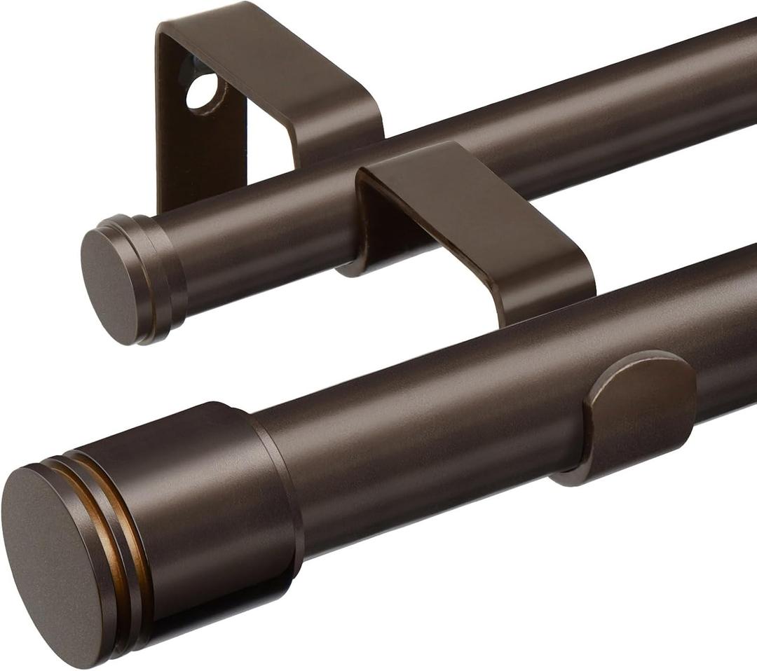 USFOOK 1 Inch Bronze Double Curtain Rods for Windows 66 to 120 Inches (5.5 to 10 Ft), Dual Curtain Rods with End Cap Finials, Telescoping Double Window Rod for Sliding Glass Door