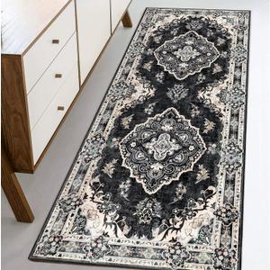 MUJOO Black Runner Rug 2'x6', Long Washable Rug Runners for Hallways Entryway Kitchen Bathroom Bedside,Boho Vintage Bohemian Distressed Farmhouse Non Slip Carpet,Floral