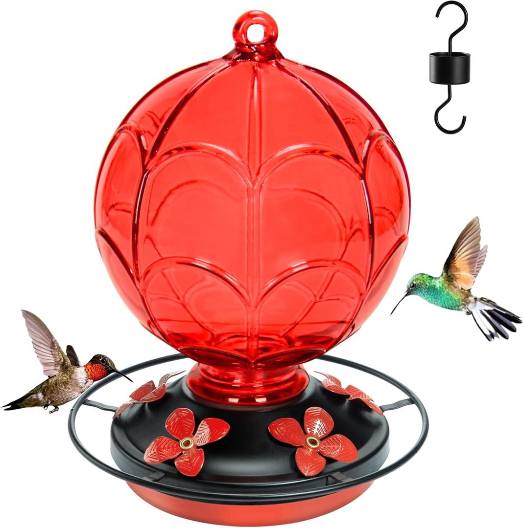 26 OZ Glass Hummingbird Feeder for Outdoors Hanging - Hand-Blown Hot Air Balloon Design - Leak-Proof & Ant Moat - Garden Decor Gift for Mom, Red