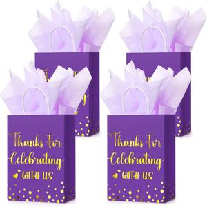 TaoBary 24 Pcs Wedding Gift Bag with Tissue Paper Thanks for Celebrating with Us Paper Bags with Handle for Hotel Guests Wedding Gift Favor for Bridal Shower Party(Purple)