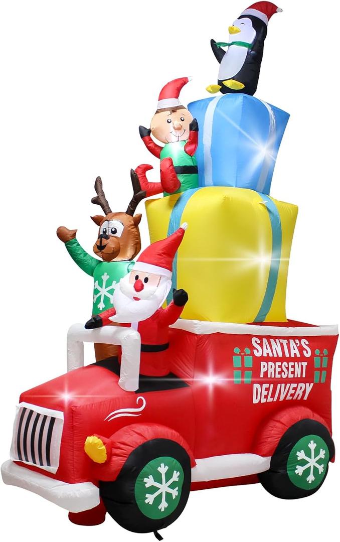 9FT Christmas Inflatable Car Outdoor Decoration with LED Lights,Blow up Truck Penguin Santa Deer Elf and Presents on the Christmas Car,Easter Holiday Outdoor Indoor Lighted Decoration