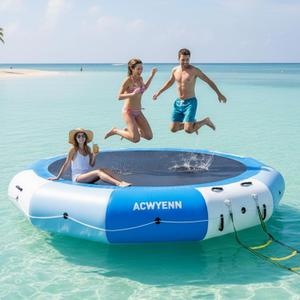 15FT Inflatable Water Trampoline for Lake Without Pump Blue | Floating Water Trampoline with Rope Ladder and Mooring Ropes, 15FT Blue-White