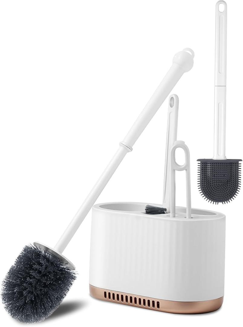 4-in-1 Toilet Brush and Holder Set, Wall Mountable Bathroom and Toilet Bowl Brush Set, Toilet Cleaner Combo with 2 Brushes,Crevice Brush and Hair Tweezer, Rv Toilet Accessories