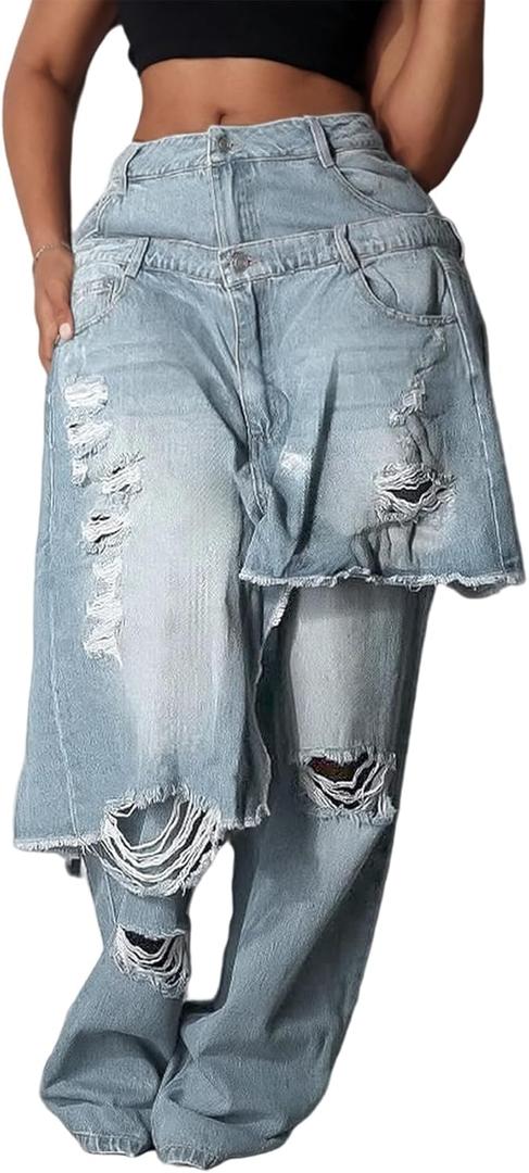 Womens Ripped Jeans Baggy High Waisted Straight Wide Leg Asymmetrical Patchwork Distressed Y2K Denim Pants (Medium, Light Blue)