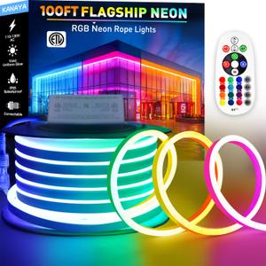 KANAYA 100ft RGB Led Neon Rope Lights ETL Listed, 110-120V Waterproof Color Changing Lighting Strip Remote Control, for Residential Commercial Outdoor Indoor Decor
