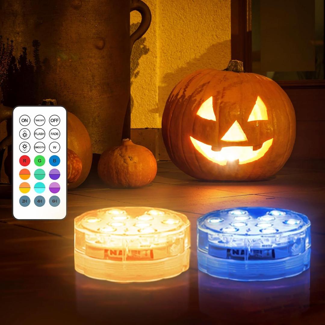 Creatrek Shower Light with Remote, Battery Operated Lights for Christmas Decor, Submersible LED Lights for Pumpkin, Bathtub, Hot Tub, Party, 2 Pack
