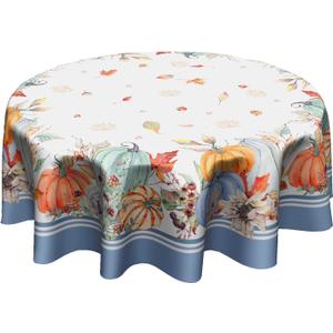 Blue Pumpkin Fall/Autumn Tablecloth Fall Leaf Round Tablecloth 60 Inch Thanksgiving Harvest Table Cloth for Farmhouse Kitchen Decor Polyester Fabric Autumn Table Cover for Party Outdoor Camping