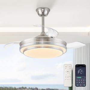 LEDIARY Retractable Ceiling Fans with Lights and Remote, 42 Inch Fandelier Ceiling Fans with LED Lighting, Smart Modern Ceiling Fan, Stepless Color Changeable, Dimmable, Timer Setting, Brush Nickel