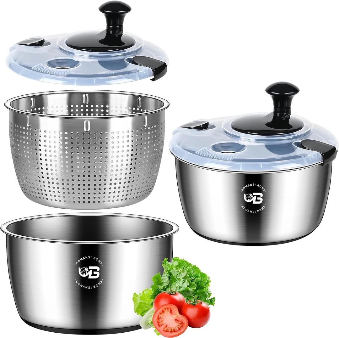 5.3 Qt Stainless Steel Salad Spinner, BOMANSI BOMS Vegetable Spinners, Lettuce Spinner, Fruit Washer, Large Salad Spinners, Dishwasher Safe, 304 Stainless Steel Bowl & Basket