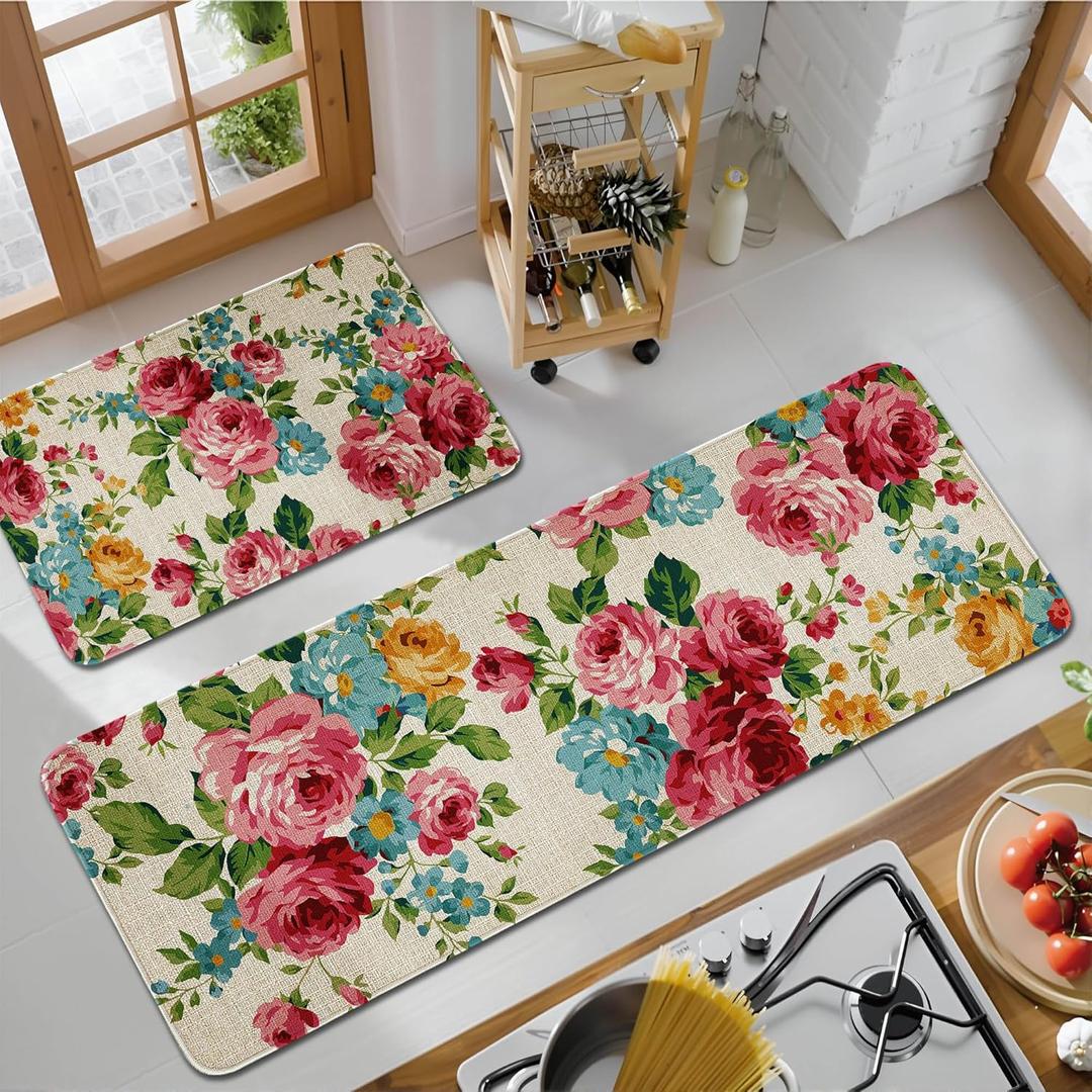 Kitchen Mats for Floor Set of 2 Pieces Kitchen Rugs and Mats Non Skid Washable Kitchen Floor Mat (Pink Red Roses Floral), 17''x47''+17''x30''