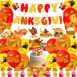 54Pcs Thanksgiving Party Decorations Set with Banner, Balloons, Cake Toppers, Fall Harvest Party Decorations Burgundy Orange, Giving Thanks Banner Maple Leaves for Fall Thanksgiving Day Party Supplies