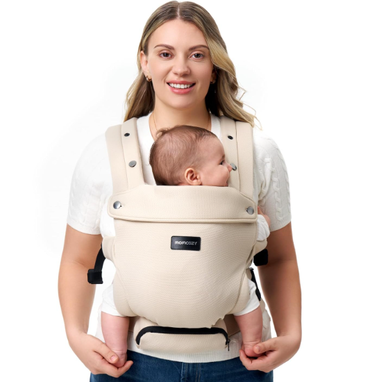 Momcozy Newborn Baby Carrier - Ergonomic, Cozy and Lightweight Carrier for 7-24lbs, Adjustable Neck Support with Sunshield, Breathable Airmesh Perfect for Summer Outing, Khaki
