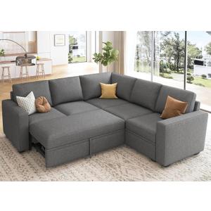 HONBAY Sectional Sleeper Sofa with Pull Out Bed, L Shaped Couch with Storage Seat, Modular Sectional Couches for Living Room, Dark Grey