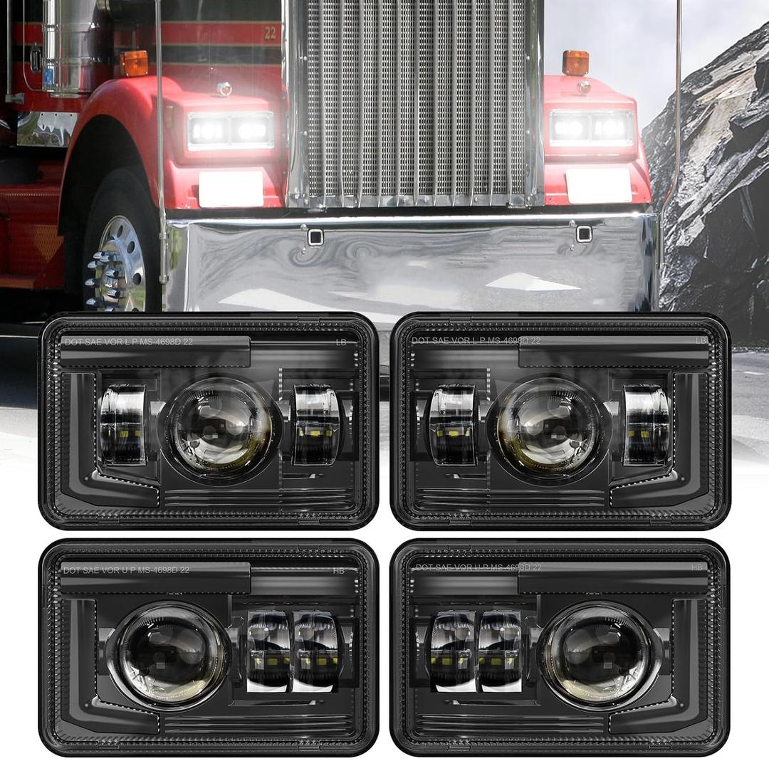 Z-OFFROAD DOT Approved 4x6 LED Headlights Assembly Hi/Lo Sealed Beam Compatible with KW T800 T600 Peterbilt 379 Freightliner Chevy Oldsmobile Cutlass H4651 H4652 H4656 H6545 H4666, 4PCS-Black