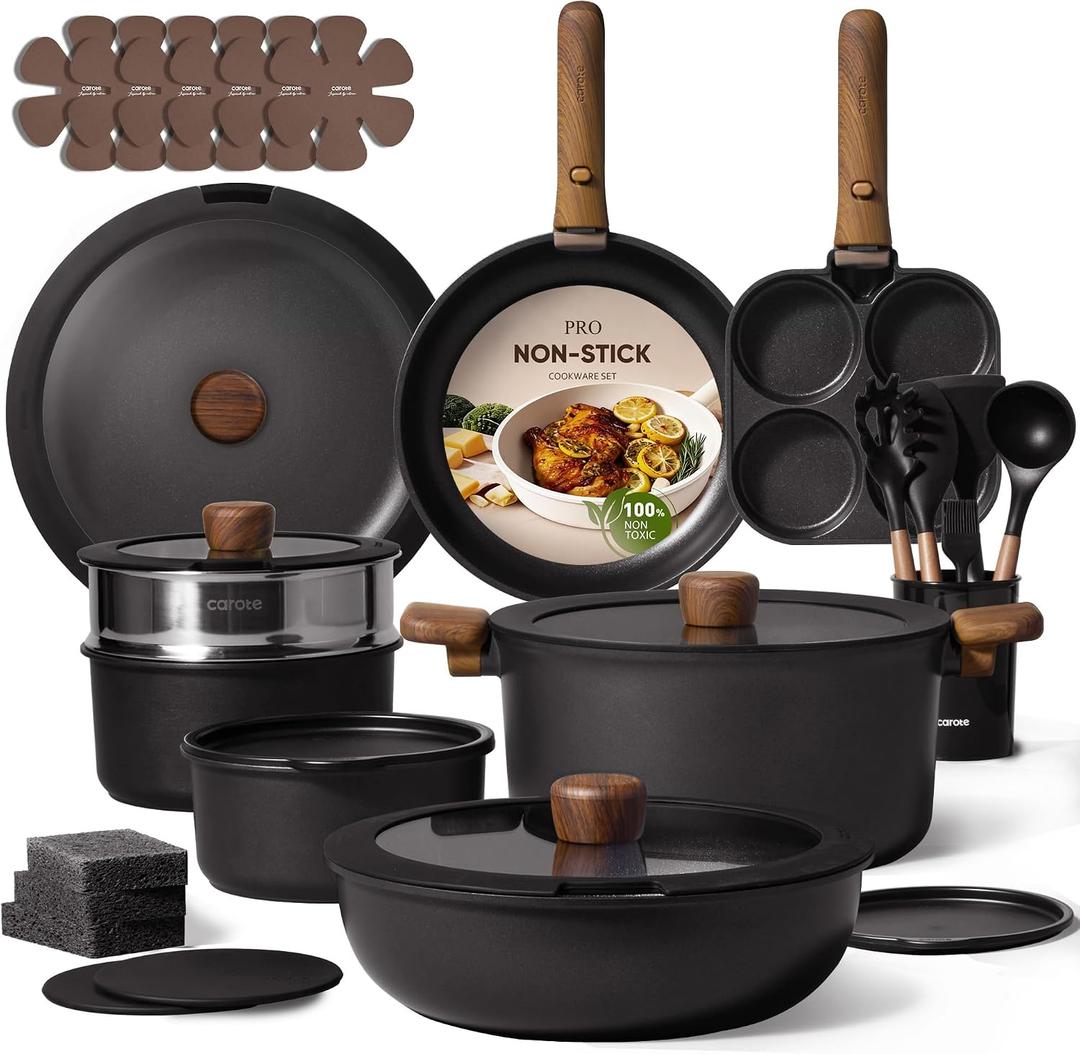 CAROTE 33pcs Pots and Pans Set Non Stick, Detachable Handle Cookware Set | Induction Compatible, Dishwasher & Oven Safe, Space Saving, for Camping/RV/Traveling, Kitchen Cooking Set, Black, 33 Piece