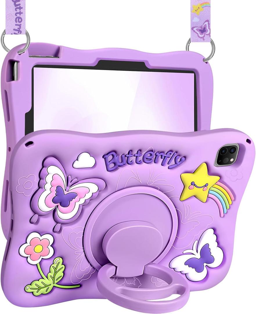 Kidcube for iPad Air 11 Inch Case M3 2025/M2 2024, Pro 11'' 4th/3rd/2nd/1st, Air 5th/4th Generation Case - Girls Cute Kawaii Girly 3D Purple Butterfly Design with Rotating Stand & Strap Silicone Cover