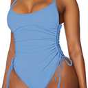 Viottiset Women's Ruched High Cut One Piece Swimsuit Tummy Control Bathing Suit Monokini (Navy Blue)XL