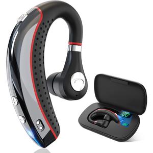 Bluetooth Headset V5.3, Wireless Bluetooth Earpiece with 500mAh Charging Case 72 Hours Talking Time Built-in Microphone for iOS Android Cell Phone, Hand-Free Headphones for Trucker, Office (Red)
