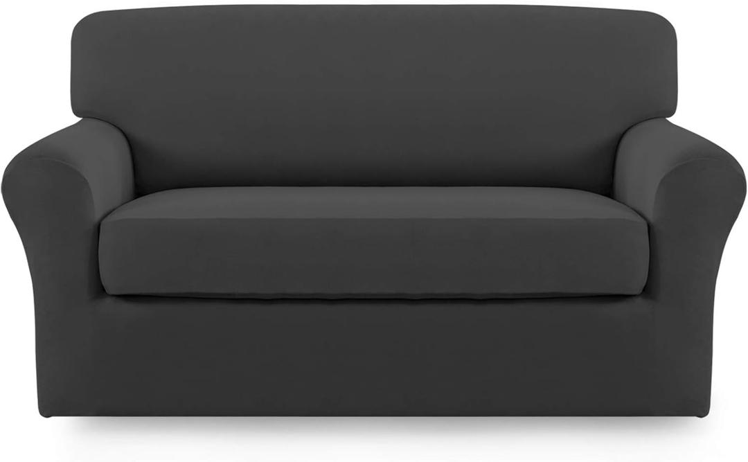 Easy-Going 2 Pieces Microfiber Stretch Sofa Slipcover  Spandex Soft Fitted Sofa Couch Cover, Washable Furniture Protector with Elastic Bottom Kids, Pet (Loveseat, Dark Gray (Medium)