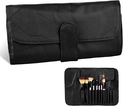 Makeup Brush Roll Up Organizer Bag Black Make Up Brush Travel Pouch, PU Leather Make up Brush Travel Case, Cosmetic Bags Holder for Women, Can Hold 12 Pockets Cosmetics Brushes