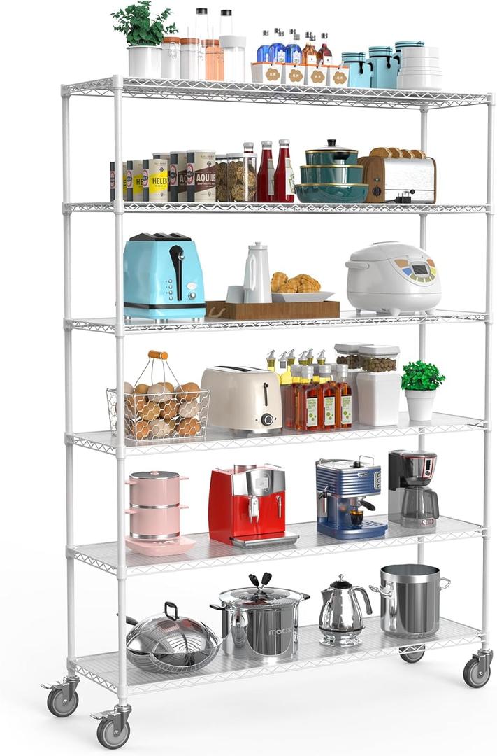 6 Tier NSF Wire Shelf Shelving Unit, 18 x 60 x 87.5 Inch 6000lbs Capacity Heavy Duty Adjustable Storage Metal Rack with Wheels/ Leveling Feet & Shelf Liners, Ideal for Garage, Kitchen, and More - White