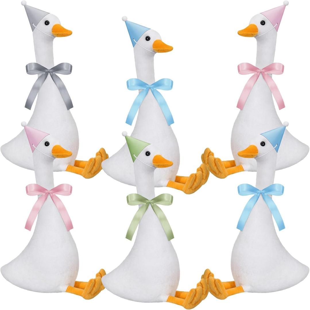 6 Set One Silly Goose Birthday Decor 1st Baby Shower Party Favor 11.8 Inch White Geese Plush Stuffed Animal with Mini Party Hats and Pink Blue Green Gray Ribbons for Kids Gift(Cute Goose)