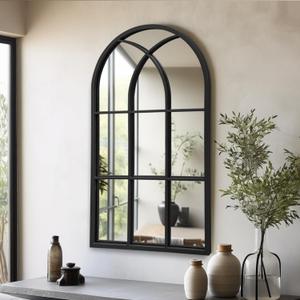 Arched Window Wall Mirror, 42"x24", Decorative Mirror, Vanity Mirrors for Bathroom, Bedroom, Entryway, Living Room, Window Pane or Farmhouse Mirrors for Wall Decor, Metal Frame, Black (42"L x 24"W, Windowpane A-matt Black)