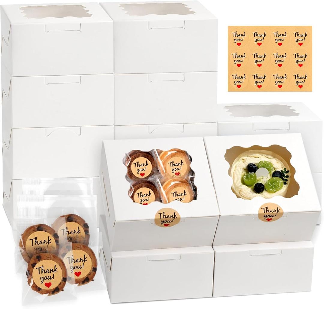 12 Pcs Cookie Boxes with Window, 6x6x3 Inches White Bakery Boxes, Treat Boxes with 50 Pcs Cookie Bags and 12 Pcs Stickers, for Dessert Pastry Chocolate Strawberries Macarons Donut Cupcake