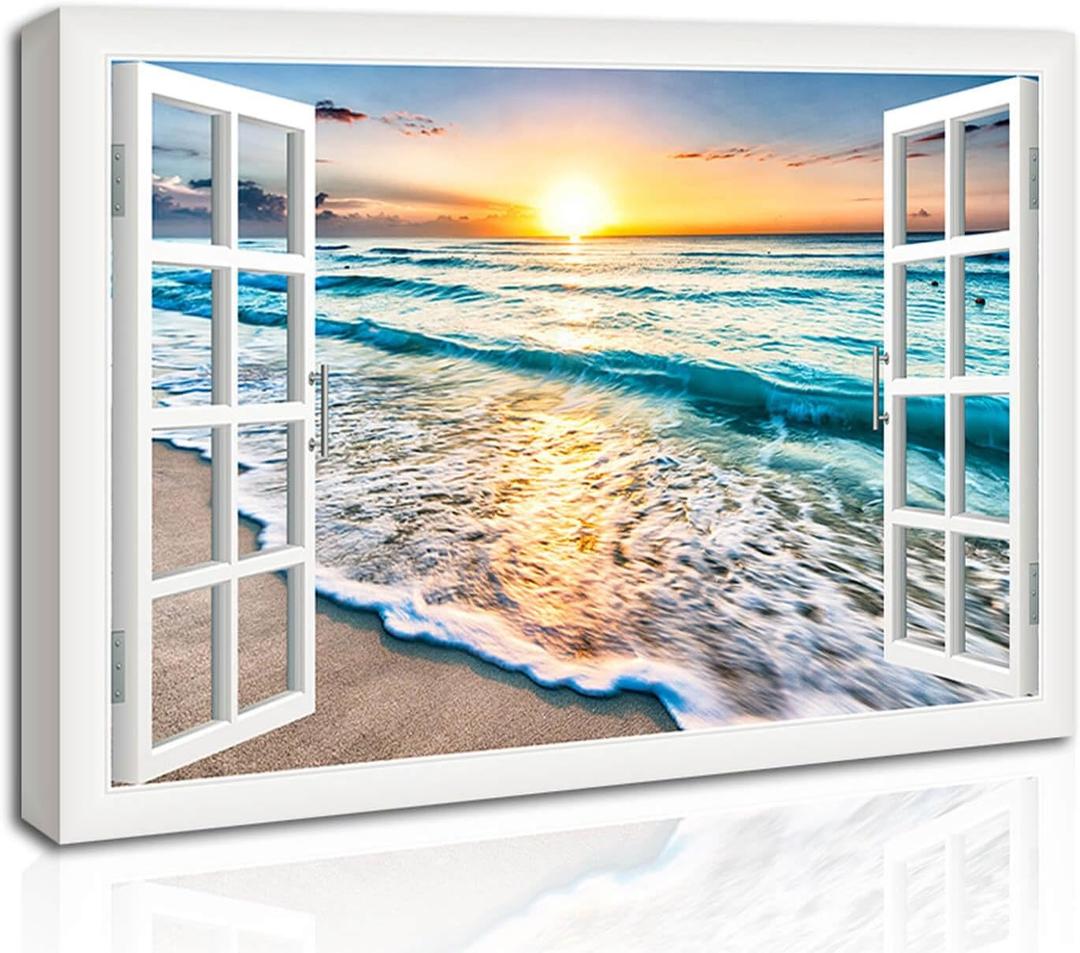 Wave Canvas Wall Art Sunset Ocean Nature Pictures Ready to Hang for Living Room Bedroom Home Decorations Modern Stretched and Framed Seascape Giclee Artwork Ready to Hang (24"L x 16"W)