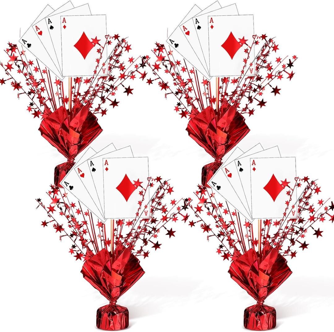 Weysat 4 Set Casino Poker Theme Centerpiece for Table Decorations Star Metallic Foil Spray Burst Centerpiece Poker a Card Sticks for Casino Night Game Birthday Party Decorations Supplies