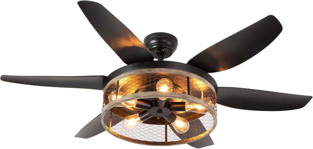 Ohniyou Farmhouse Ceiling Fan with Lights and Remote,52 inch Rustic Ceiling Fan with Caged Light Fixture, Retro Black Outdoor Ceiling Fans for Patio,Living Room,Dining Room,Bedroom