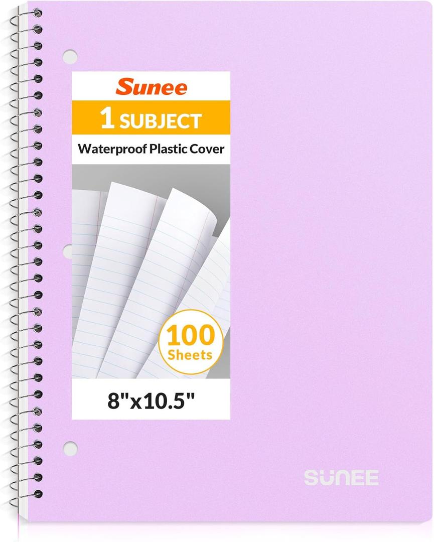 SUNEE Spiral Notebook, 1-Subject, College Ruled Paper, 8" x 10-1/2", 100 Sheets per Notebook, 3-Hole Punched Paper, Water Resistant Cover, Double-sided Pockets, Spiral Lined Notebooks for Work, Purple