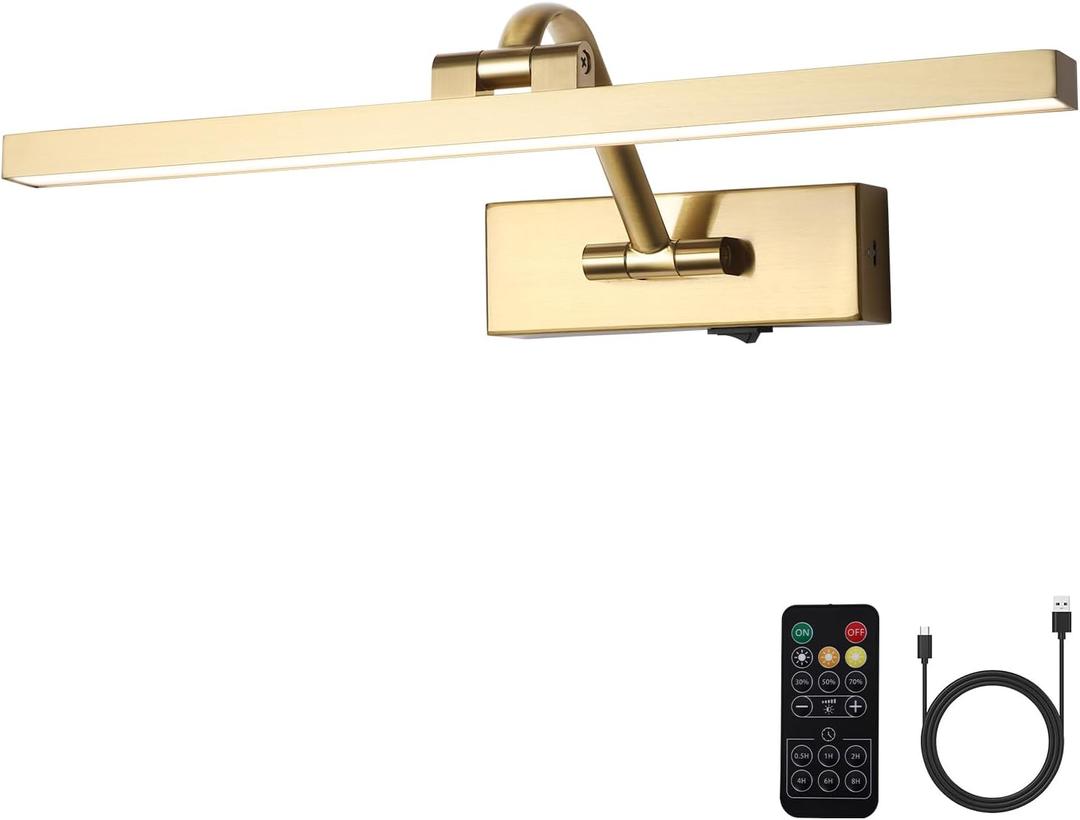 Wireless Picture Lights with Remote and Timer Brass Gallery Lighting Rechargeable Wireless Art Lights 3CCT Dimmable Painting Lights Battery operated wall lights for Portrait artwork display 3W 16" (15.7 Inch)