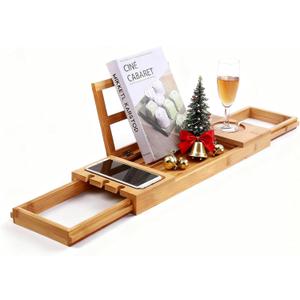 Utoplike Bamboo Bathtub Caddy Tray Bath Tray for Tub, Adjustable Bathroom Bathtub Organizer with Book Tablet Wine Glass Cup Towel Holder (19.8-33.5 in)