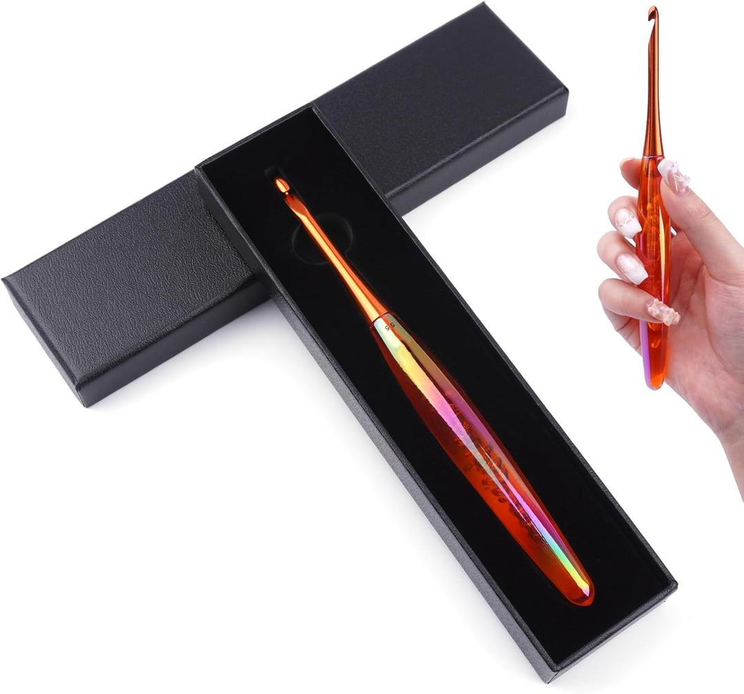 BsHooker 5mm Crochet Hook, Inline Crochet Hook with Ergonomic Acrylic Handle for Arthritic Hands, Extra Long Knitting Needles for Crocheting Yarn, Stainless Steal Polished Hook Head for Beginner