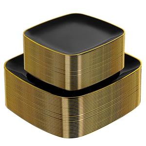 bUCLA 100PCS Black Plastic Plates with Gold Trim - Heavy Duty Black Gold Square Plates Disposable - Include 50 Each (Dinner & Dessert) for Party & Graduation