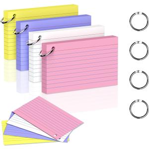 2 x 200 Count 3 x 5 Inch Colored Index Cards with Binder Rings, Lined & Blank Study Cards, Thick Cardstock Flash Cards for Students & Teachers, Color-Coded Notecards for School, Home, Work