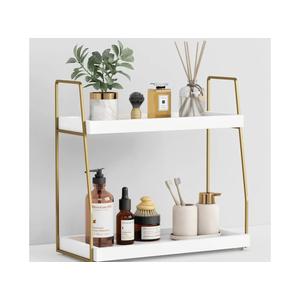 Forbena Bathroom Organizer Countertop, Counter Organizer for Bathroom Decor, Wooden Sink Shelf for Vanity Storage, Makeup Tray for Perfume Skincare Bedroom Kitchen Corner (2 Tier, White and Gold)