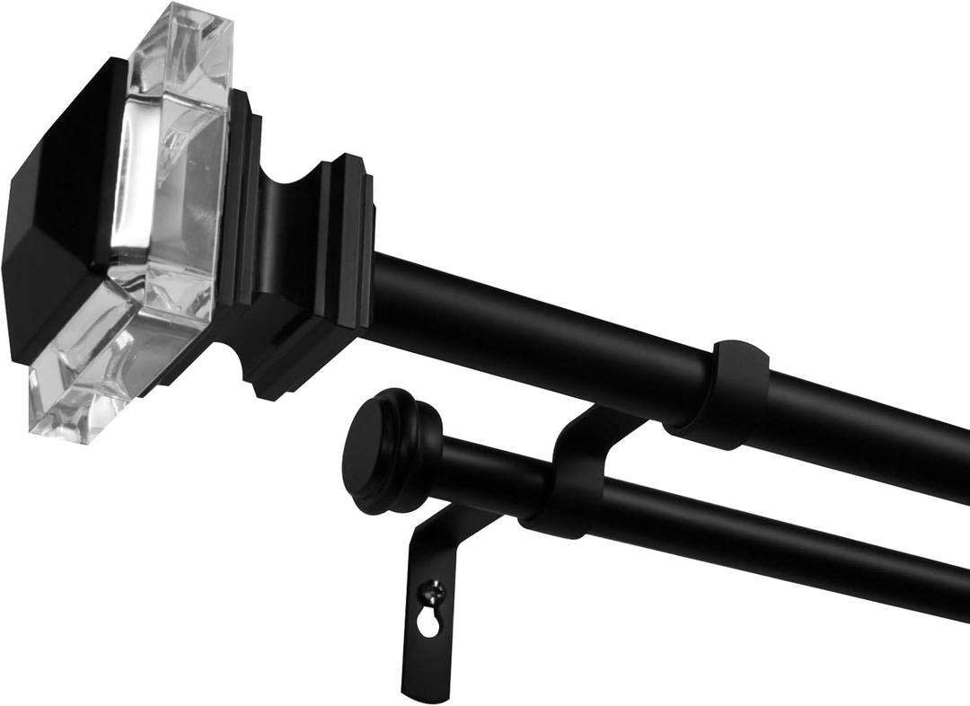 Exclusive Home Prism Double Curtain Rod and Finial Set, Matte Black, 66"-120"