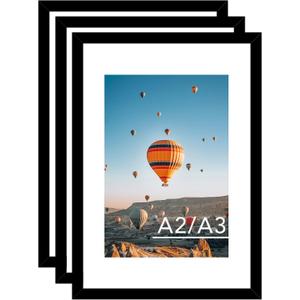 JCJMY 16.5x23.4 A2 Picture Frame Set of 3 Black with 11.7x16.5 A3 Mat, Display Photo 11.7x16.5 with Mat or 16.5 x 23.4 Without Mat, Wall Hanging Large Frame with Plexiglass, 3 Pack, Black