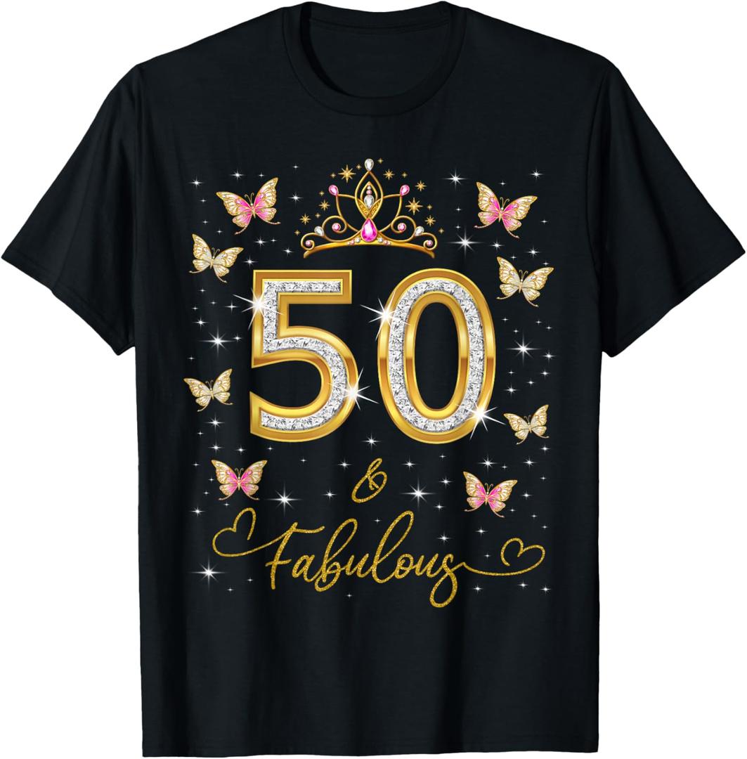 50 and Fabulous, 50 Years Old Women, 50th Birthday Queen T-Shirt, 3XL, Black