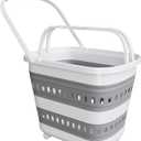 Folding Laundry Basket with Wheels Handle Collapsible Plastic Hamper 38L Portable Rubber Clothes Multi Use Grocery Shopping Cart Pop Up Storage Container Organizer with Hanging Space Saving White Grey, 24" x 16" x 5"