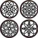 Yulejo 4 Pcs Thicken Rustic Wall Decor Farmhouse Wall Art Wooden Hollow Carved Design Rustic Round Art for Living Room Bedroom Hallway Decor Kitchen (9.8 x 9.8 Inch,Classic Style,Black, Brown)
