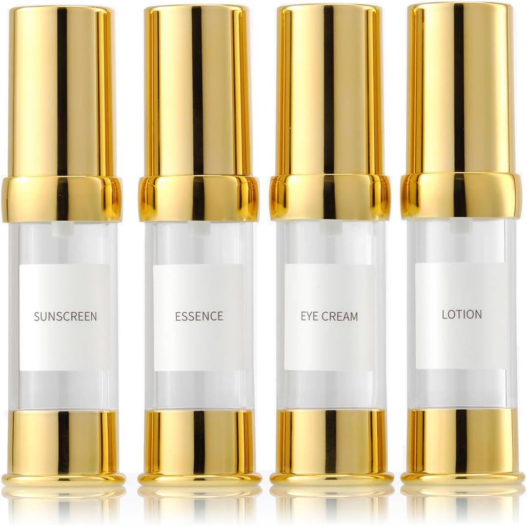 Gold 15ML Airless Pump Bottle Toiletries Travel Size Containers Mini Makeup Bottle Dispenser with Box Reusable Empty Cosmetic Packaging Bottles (0.5 oz/15 ml, 4 Packs)