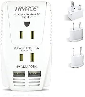 Upgraded 2000W 220V to 110V Voltage Converter Step Down Voltage for Hair Dryer,Straightener,Curling Iron,Cell Phone Power Converter with 2-Port USB and UK/AU/US/EU 10A Plug Adapter, White