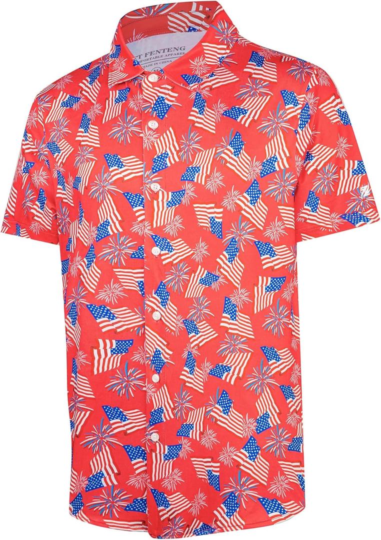 FT FENTENG Mens Hawaiian Shirts Regular Fit Short Sleeve Casual Button Down Summer Tropical Beach Shirts (X-Large, Red Usa Flag)